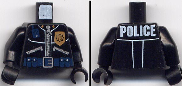 LEGO 973pb0289c01 - Politie torso met leren jas, gouden badge, radio, munitieband, politiepatroon op rug/armen/handen