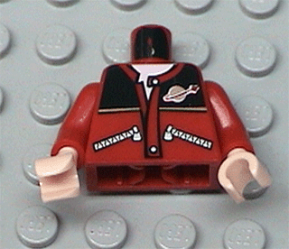 Red LEGO minifigure torso with black jacket top, white undershirt, Classic Space logo, zipper patterns, and light nougat hands.