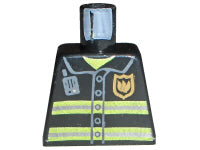LEGO 973pb0300 black torso with fire uniform printing: gold badge, silver reflective stripes, yellow collar, and gray radio.
