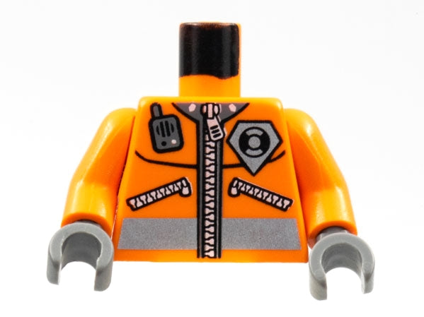 Orange LEGO torso featuring a rescue coast guard logo, radio, pockets, and zipper pattern, with orange arms and dark gray hands.