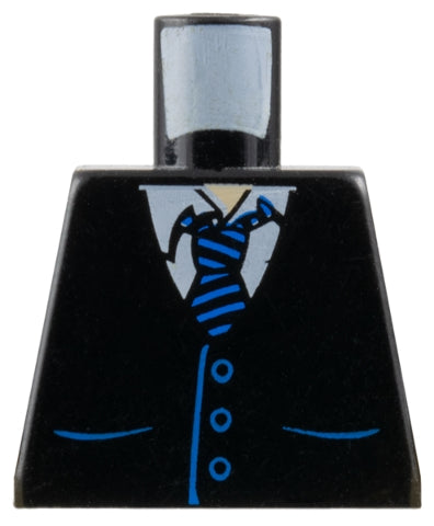 Black LEGO torso: white shirt, blue striped tie, vest details with three blue buttons and pockets, light nougat neck.