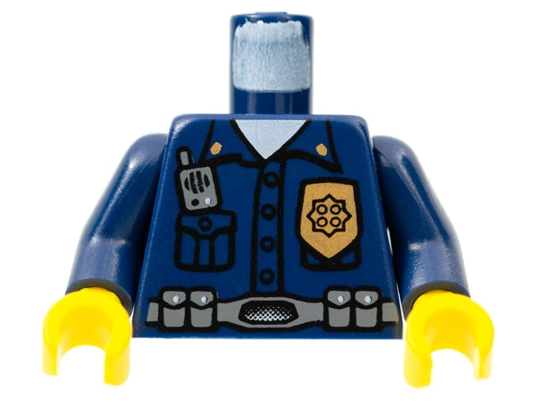 Dark blue LEGO torso with police highway patrol uniform print, golden badge, radio, utility belt, dark blue arms, yellow hands.