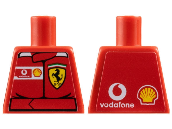LEGO red torso, front with Ferrari racing suit pattern including Vodafone, Shell, and Ferrari logos. Back with Vodafone and Shell logos.