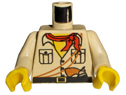 LEGO 973pb0391c01 - Torso met shirtknopen en zakken, zwarte riem met gele gesp, bruin pistool en touwen, rode bandana, gele nekpatroon / Armen / Gele handen