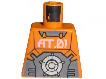 Orange LEGO Exo-Force torso with 'AT.01' pattern in light pink, gray, and black, featuring a circular mechanism design.