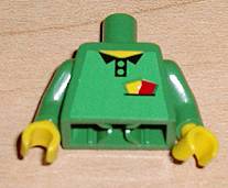 Green LEGO minifigure torso with black bow tie, yellow and red cards pattern, and yellow hands, resembling a soccer referee.