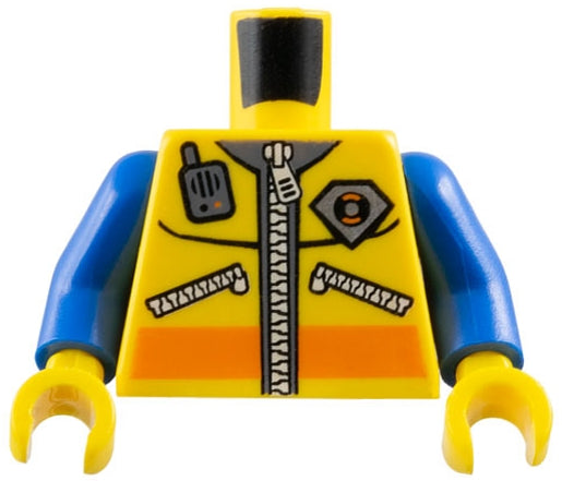 LEGO 973pb0488c01 - Torso Jacket with Orange Stripe, Silver Zippers, Dark Bluish Gray Collar, and City Coast Guard Logo, Radio Pattern / Blue Arms /  Hands