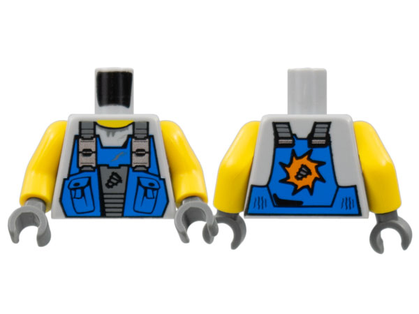 LEGO 973pb0536c01 - Torso Power Miners Blue Vest with Pockets and Drill Tip over Sweaty Shirt Pattern / Yellow Arms / Dark Bluish Gray Hands