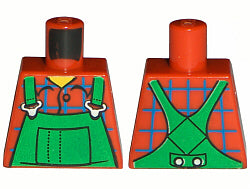 LEGO minifigure red torso with printed green overalls, yellow collar, and blue windowpane check shirt pattern, front and back.