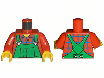 LEGO 973pb0547c01 - Romp Overalls Groen (Boer), Blauw Ruitjesoverhemd - Bedrukt Achterpatroon / Armen / Gele Handen