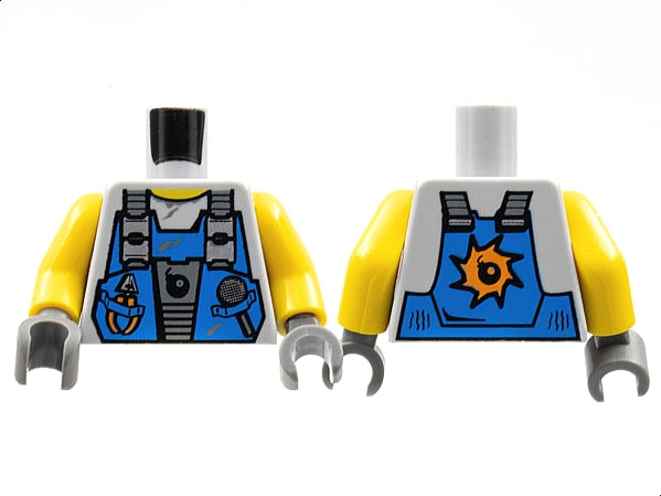 LEGO 973pb0550c01 - Torso Power Miners Blauw Vest met Gereedschap en Bom over Zweetshirt Patroon / Gele Armen / Donker Blauwgrijze Handen