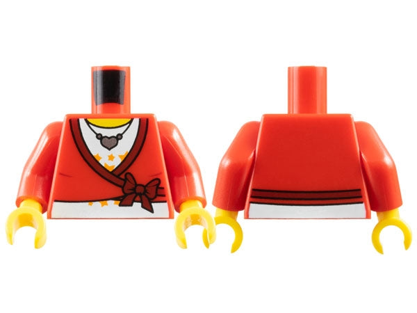 LEGO 973pb0580c01 - Torso Sweater Cropped met donkere strik en afwerking over wit shirt met fel lichtoranje sterren, zilveren hartpendant ketting, gele nekpatroon / Armen / Gele handen