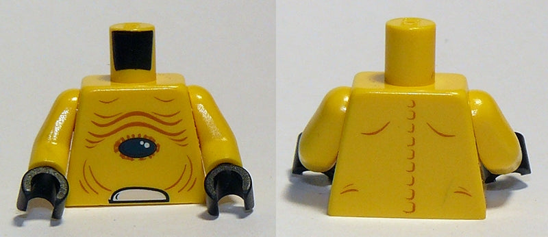 Yellow LEGO alien torso with skin folds, dark blue oval eye, open mouth, and black hands. Back shows spine pattern.