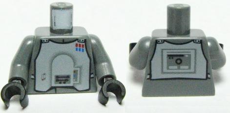 LEGO 973pb0625c01 Imperial Officer (Hoth) torso, gray, with light gray uniform print on front and control panel on back.