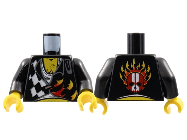 LEGO black torso, front with checkered pattern, flames, and chest hair; back with flaming skull design, black arms, yellow hands.