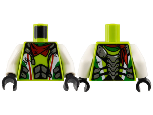 Lime green LEGO torso with white arms, black hands. Front: white and silver overalls with red bandana. Back: green and silver armor.