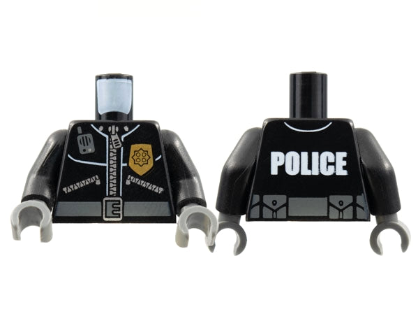 LEGO 973pb0797c01 - Torso Politie leren jas, gouden badge, radio, riem met 'POLICE' patroon op rug/armen/donker blauwgrijze handen
