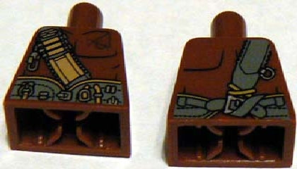 Two brown LEGO torsos: one with dark tan bandolier and gray pouches, the other with gray belt, holster, and ring.