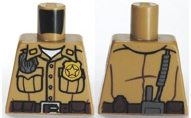 LEGO 973pb0985 tan torso. Front: button shirt, pockets, sheriff badge, glove, dark brown belt. Back: radio on belt.