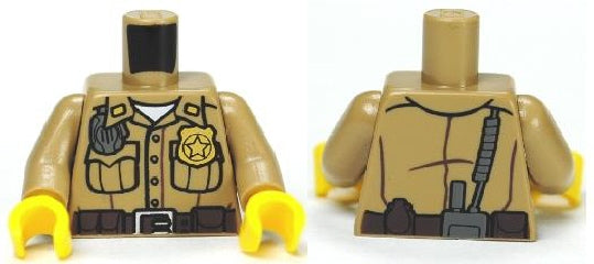 LEGO tan torso with dark tan arms, yellow hands. Front: button-down shirt, police star badge, grenade, dark brown belt. Back: radio.