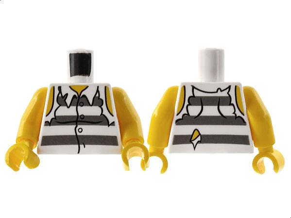 LEGO 973pb0987c01 torso: white and grey prison striped shirt with torn sleeves pattern, yellow arms and hands.