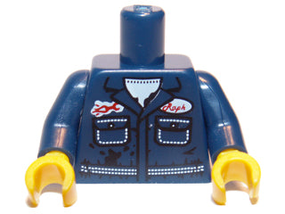 Dark blue LEGO mechanic torso with white undershirt, pockets, oil stains, a red Raph name badge, and yellow hands.