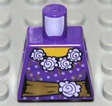 Purple LEGO female torso with lavender dots, white flower collar, yellow neck, and a gold sash with a white flower and bow.