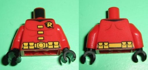 Red LEGO torso with 'R' symbol, yellow clasps, and belt with pockets pattern. Features black arms and hands.
