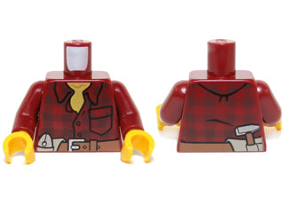 LEGO 973pb1256c01 minifigure torso with dark red flannel shirt, yellow undershirt, pocket, belt with tools, yellow hands.