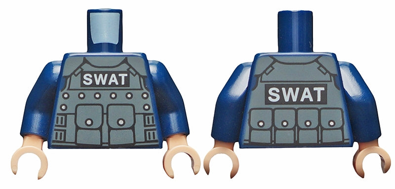 Front and back view of a LEGO dark blue torso with grey SWAT body armor print and light nougat hands.
