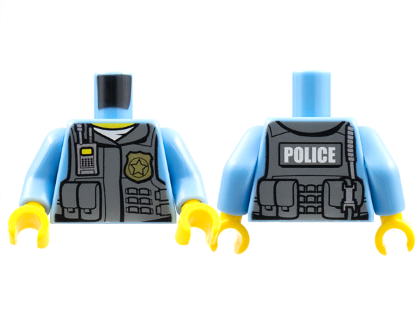 LEGO 973pb1350c01 - Torso Police Shirt with Dark Bluish Gray Vest, Gold Badge, Radio, White Undershirt and White 'POLICE' Pattern on Back / Medium Blue Arms / Yellow Hands