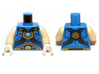 LEGO Torso 973pb1359c01 front & back. Blue armor vest with gold lion belt, chain, dark azure jewel pattern, tan arms, white hands.