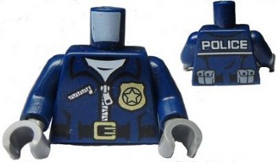LEGO 973pb1547c01 - Torso Politiejas met Wit Ondershirt, Ritsen, Gouden Badge en Gesp met 'POLICE' Patroon op Rug / Armen / Donker Blauwgrijze Handen