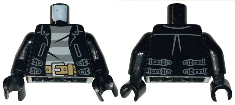 LEGO 973pb1550c01 - Torso leren jas open met riemen over shirt met donker blauwgrijze en licht blauwgrijze strepen, donkerbruine riem met zilveren gesppatroon / Armen / Handen