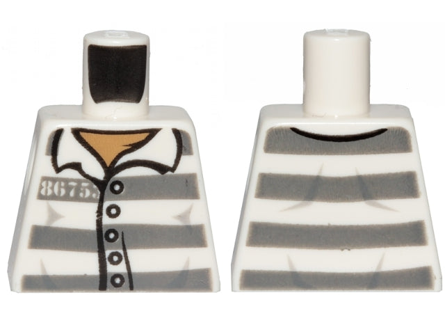 LEGO white torso with dark bluish gray stripes, dark tan undershirt, buttons, and '86753' number. Front and back view.