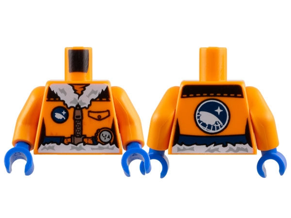 Orange LEGO torso: white fur collar, silver zipper, pocket, Arctic Explorer logo, dark blue belt, white fur waistline, blue hands.