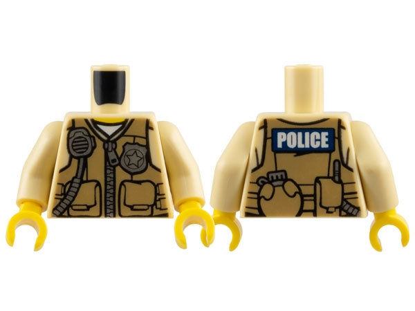LEGO 973pb1886c01 - Torso Politiehemd met Donker Vest met Zakken, Zilveren Radio en Badge, Rits en 'POLICE' Patroon op Rug / Armen / Gele Handen