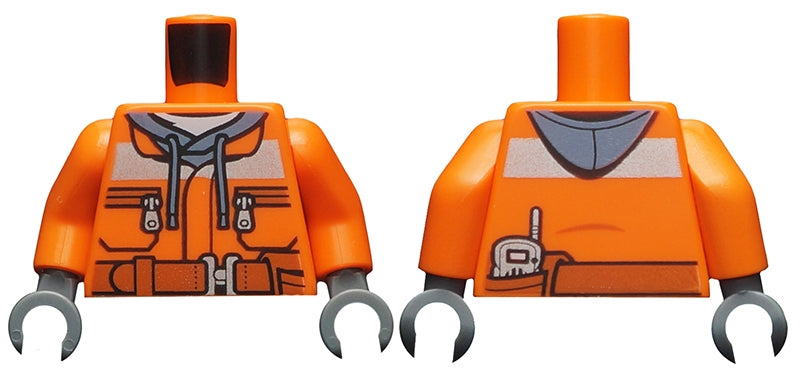 LEGO orange torso with construction jacket over sand blue hoodie, reflective stripe, zipper pockets, belt, pouch, and radio pattern.
