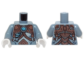 Light blue-grey LEGO torso with copper armor, rivets, chains, blue jewel, and fur/glowing bone pattern, shown from front and back.