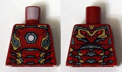 Red LEGO torso, front with white circle arc reactor, gold and silver armor plating; back with matching armor patterns.