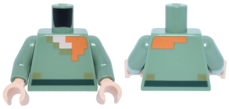 LEGO minifigure torso, pixelated shirt with orange and white, olive green collar, dark green belt, light nougat neck and hands.
