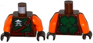 LEGO 973pb2303c01 - Torso Ninjago Groen Pantser met Riemen, Ninja Schedel met Gekruiste Zwaarden en Schede Patroon / Oranje Armen / Donkerbruine Handen