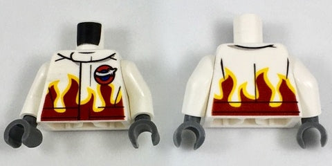 Front and back views of a white LEGO racing jacket torso with red and yellow flames, an aviation airshow logo, and dark bluish gray hands.