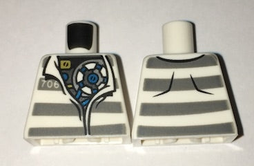 LEGO 973pb2487 - Torso Town Prisoner Open Collar, Nummer 706, Donker Blauwachtig Grijze Strepen, Mechanisch Patroon