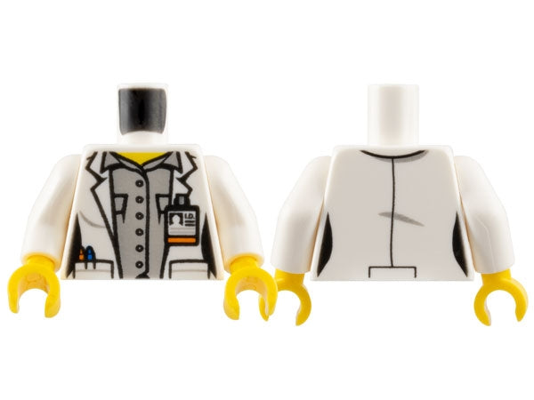 LEGO 973pb2505c01 - Torso vrouw met labjas open met zakken en ID-pasje over licht blauwgrijs overhemd met knopen, gele nekpatroon / Armen / Gele handen