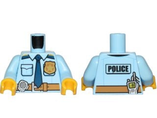 Front and back view of a light blue LEGO police minifigure torso with gold badge, dark blue tie, dark tan belt, 'POLICE' text, and radio.