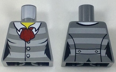 LEGO Torso 973pb2685: Female jacket with light bluish gray stripes, dark red scarf, 3 buttons, and back print.