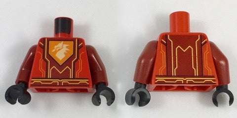 LEGO 973pb2751c01 - Torso Nexo Knights Pantser met Oranje/Gele Circuitpatronen, Donker Middenpaneel, Drakenkop op Vijfhoekig Schildpatroon / Donkere Armen / Zwarte Handen