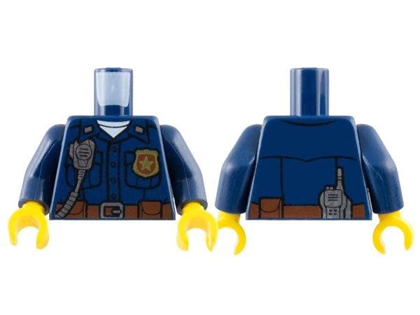 LEGO dark blue police uniform minifigure torso with gold badge, silver radio, brown belt, and yellow hands (front & back).