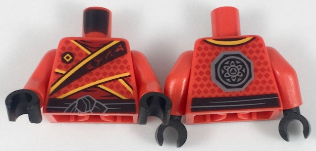 LEGO 973pb3048c01 - Torso Tuniek met Fel Lichtoranje Rand, Diamanten en Ninjago Logogram 'VUUR' over Donker Shirt, Zwarte Sjerp met Knoop, Donker Blauwgrijs Achtkant Logo op Rug Patroon / Armen / Zwarte Handen